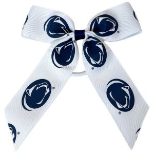white ribbon bow with repeating Penn State Athletic Logos and ponytail band